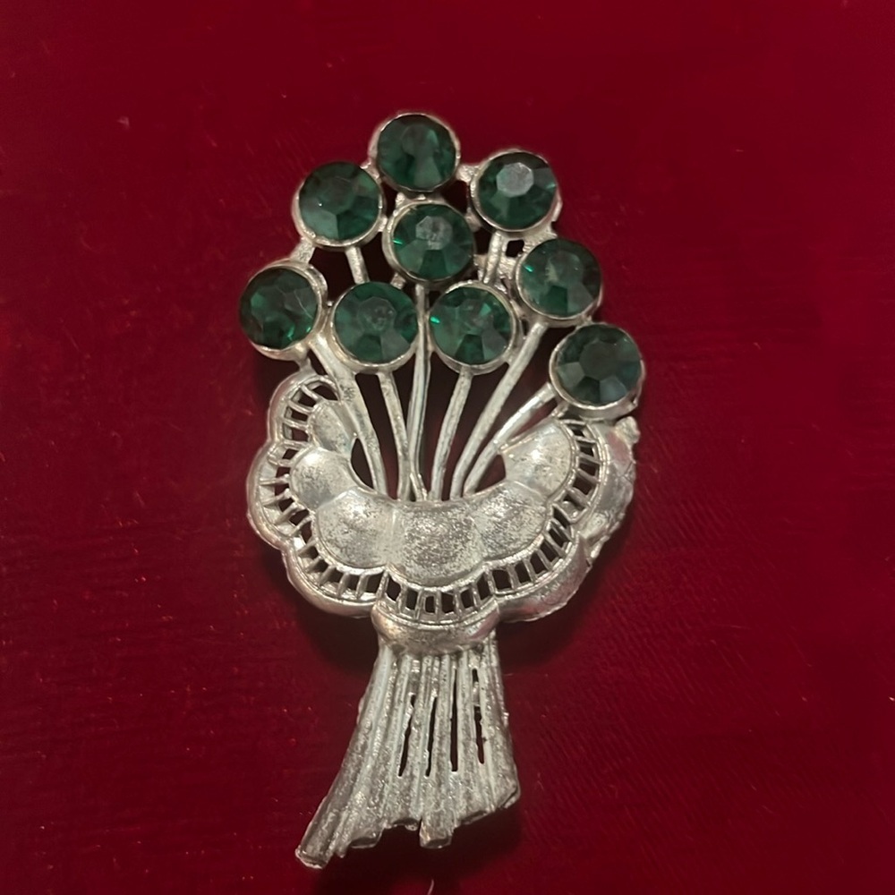 Vintage Green Crystal Silver Brooch